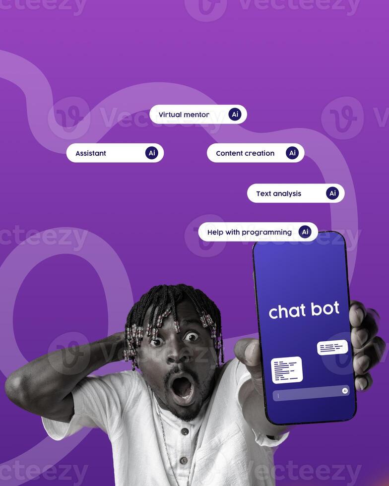 Surprised person showing mobile phone with chatbot interface and AI-related features in a vibrant setting photo