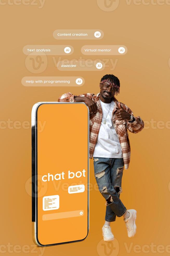 Engaging young man showcases chatbot technology highlighting AI capabilities in content creation and programming assistance photo