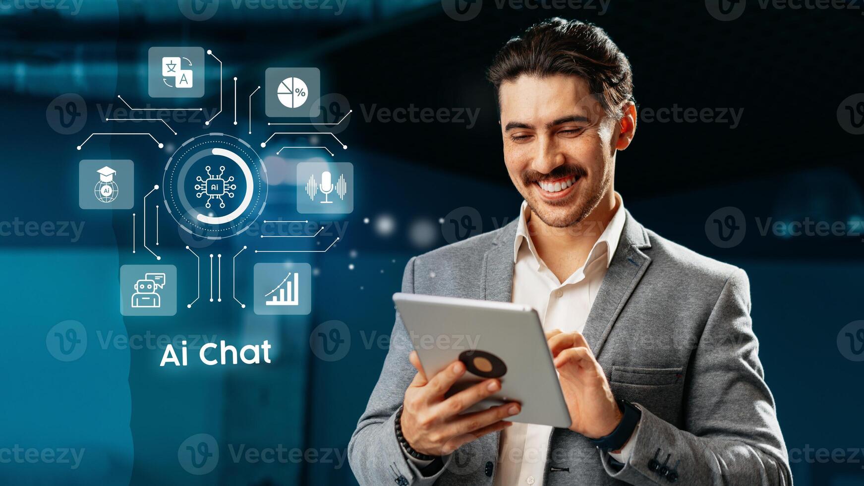 Professional man engaging with AI chat technology in a modern office environment photo