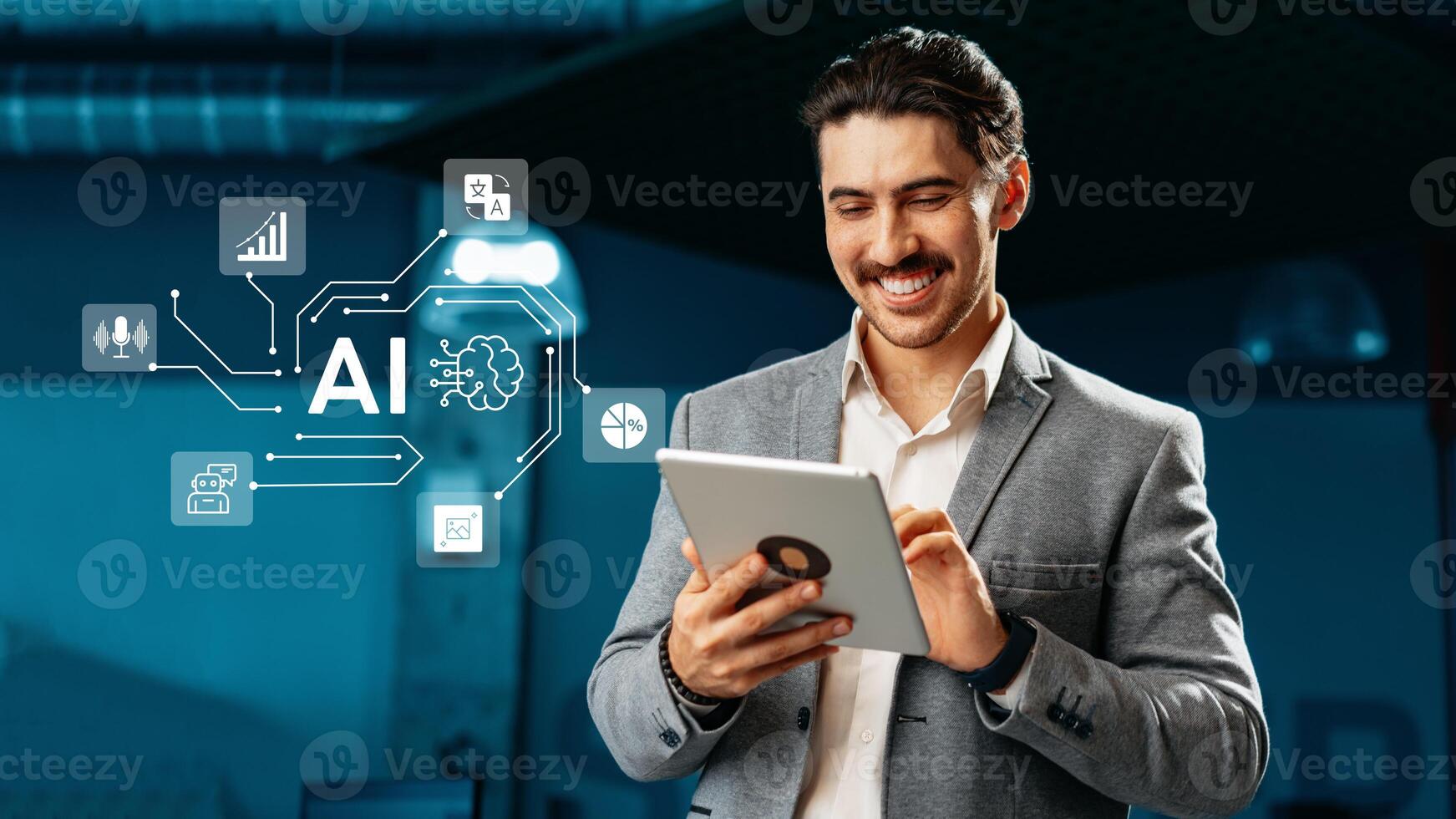 Professional man using tablet to engage with artificial intelligence tools in a modern office setting photo