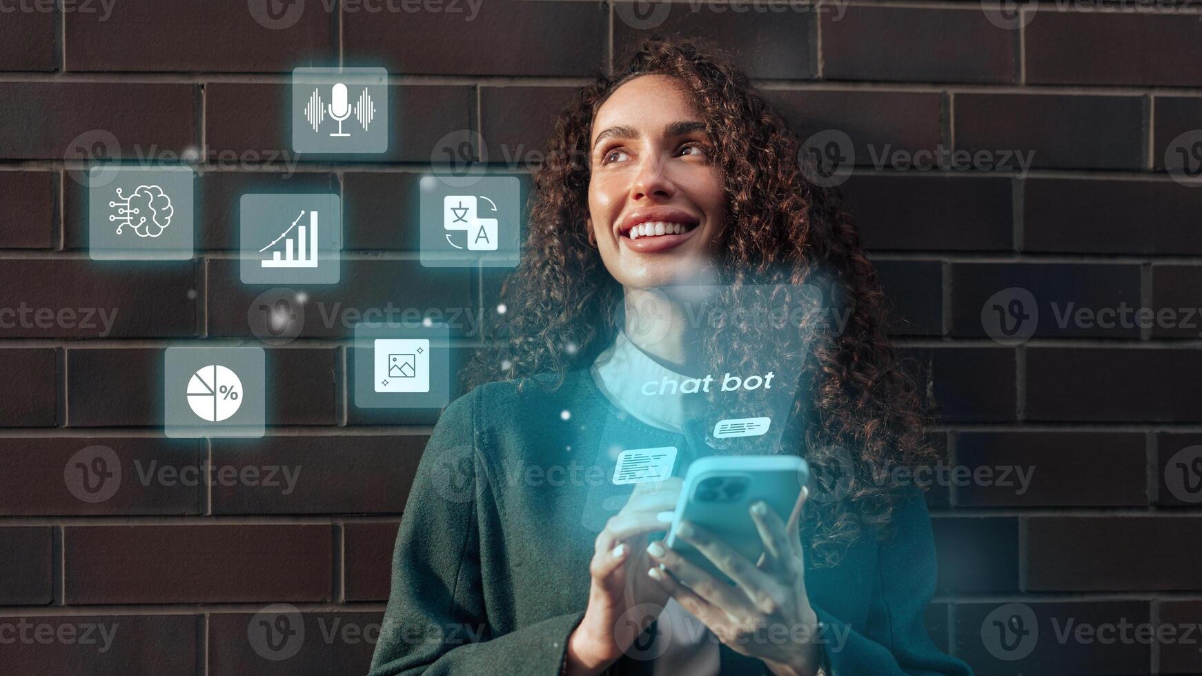Young woman interacting with a smartphone while engaging with chatbot features against a dark brick background photo