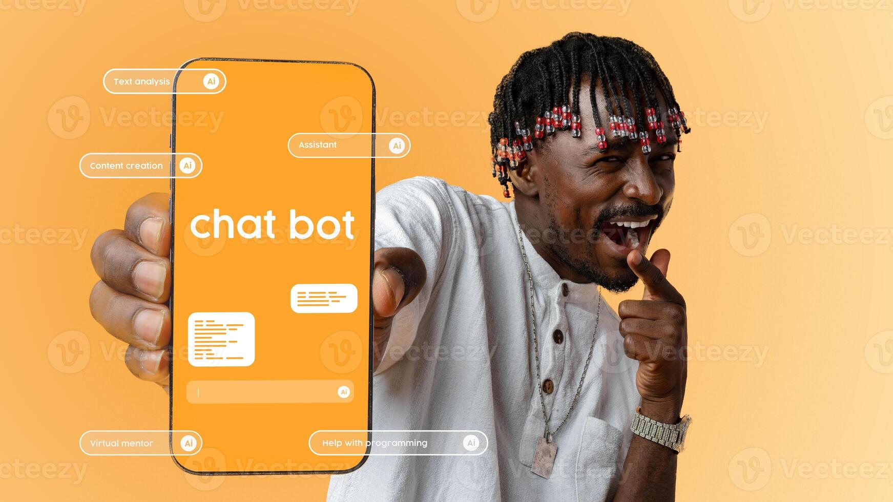 Digital interaction and technology enthusiasm with chatbot application depicted in a vibrant studio setting photo