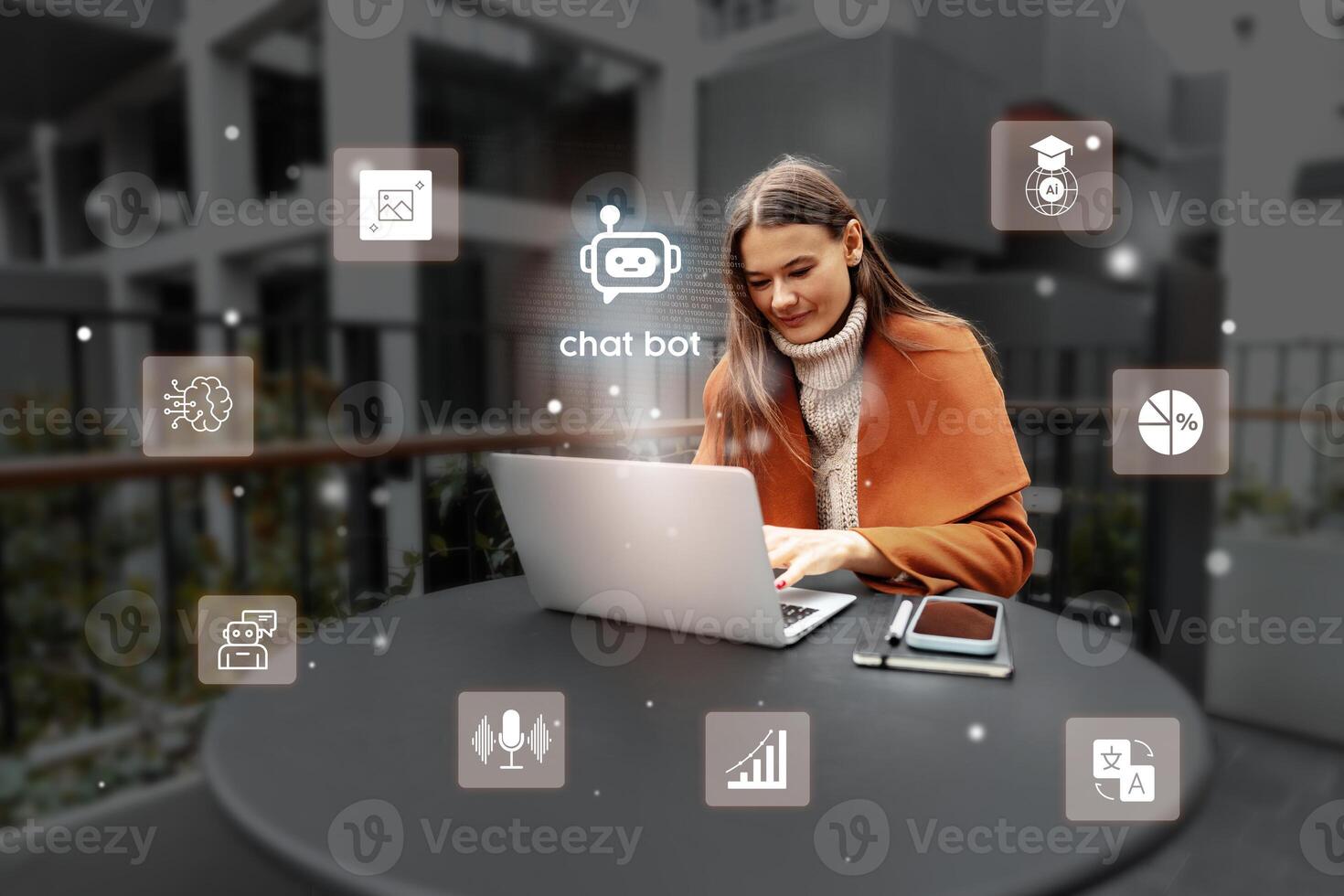 Woman working on laptop outdoors while interacting with chatbot icons in a modern setting photo