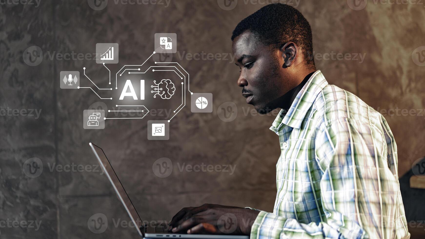 Skilled individual uses laptop to explore artificial intelligence concepts in a modern workspace setting photo