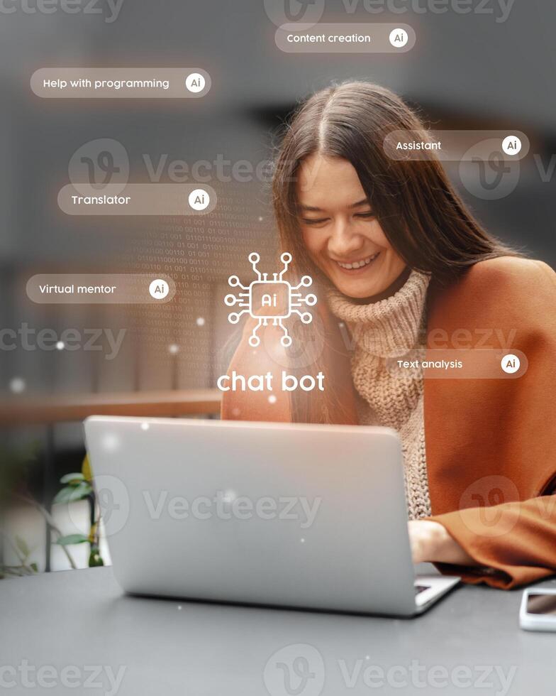 Woman using laptop with chatbot interface at modern workspace focused on AI applications and digital assistance photo