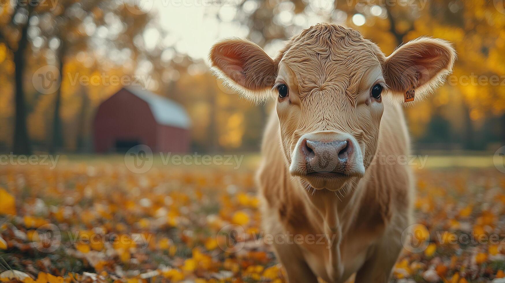 Close up of young cow with number tag on her ear in rustic autumn farmyard setting. photo