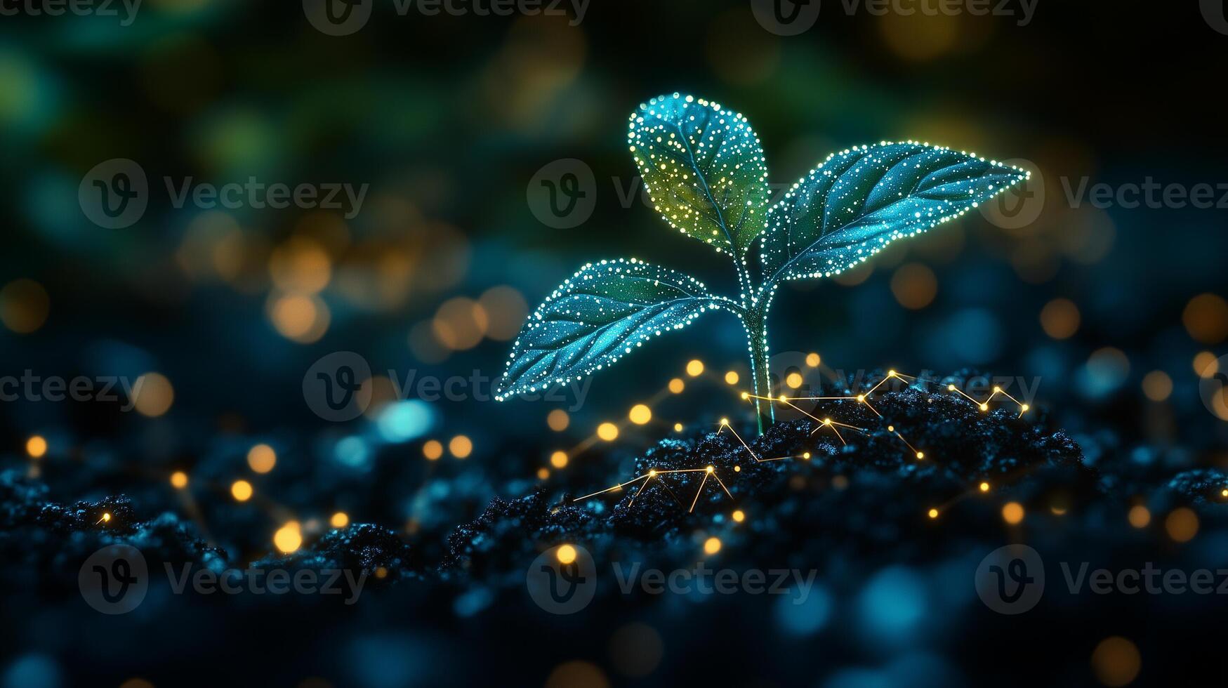 A sprout with illuminated leaves in a dark atmosphere, creating an atmosphere of unity between nature and technology. photo