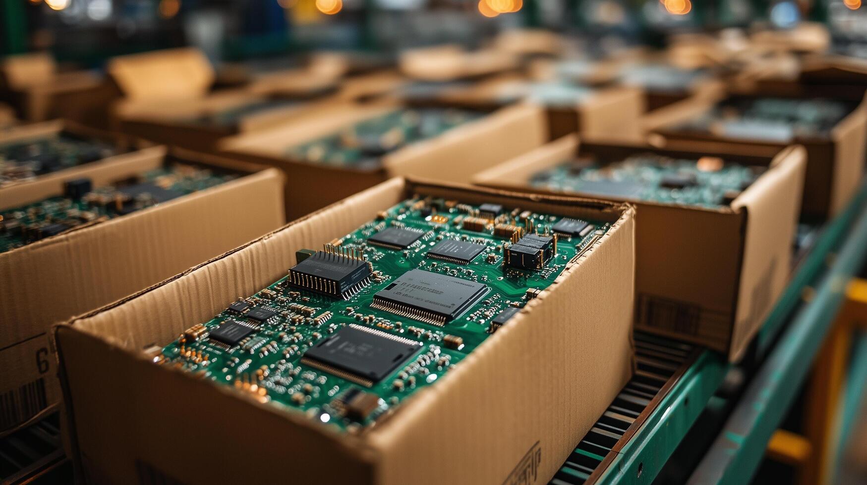 Cardboard boxes with electronic boards in a warehouse, neatly arranged in a row, recycling. photo