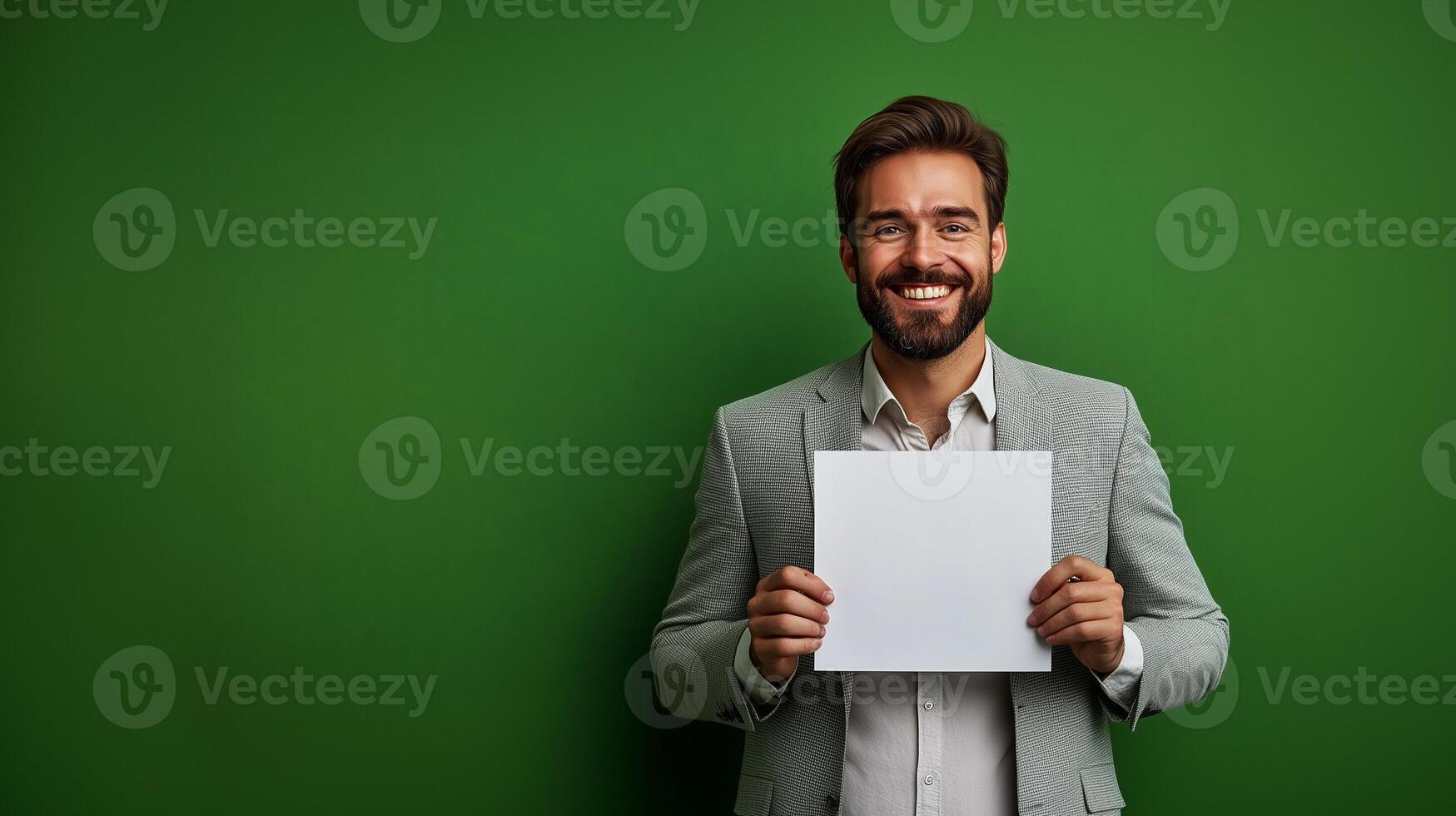 Portrait of smiling man in business suit showing blank white sheet of paper on green background. photo