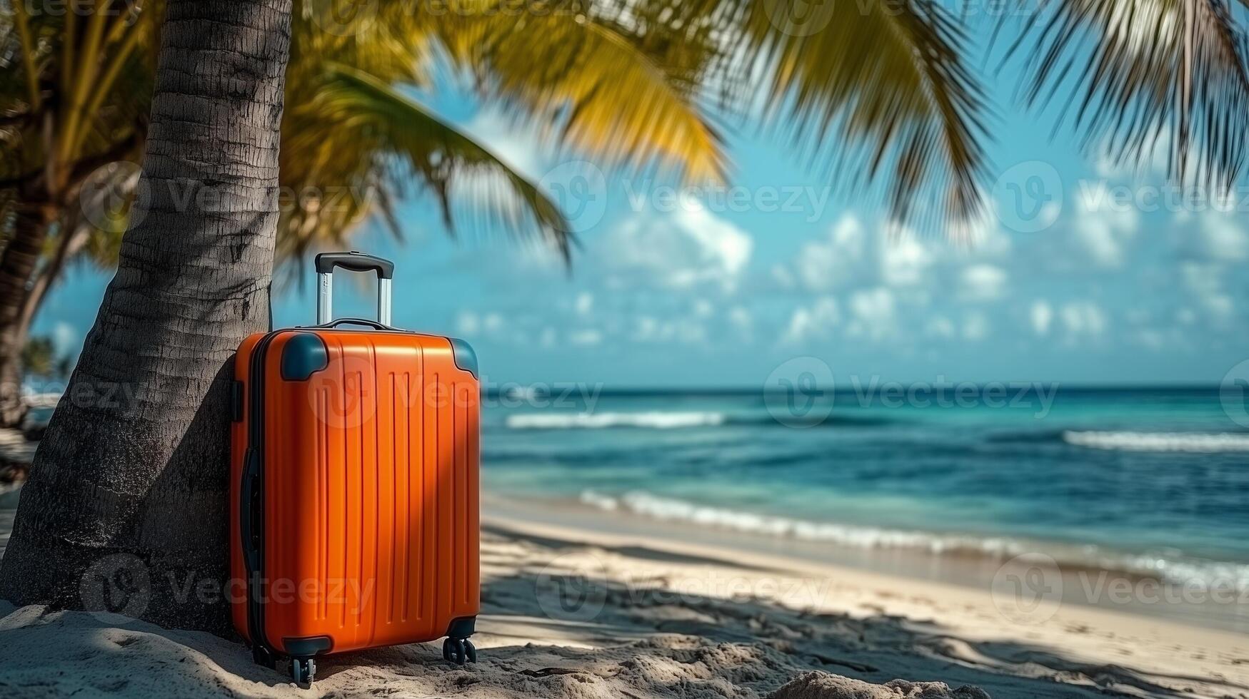 An orange suitcase stands under a palm tree against the backdrop of a sandy beach and turquoise sea, symbolizing the beginning of a vacation or journey. photo