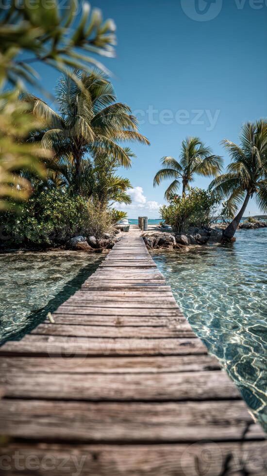 Serene summer vacation on a wooden dock with clear ocean views photo