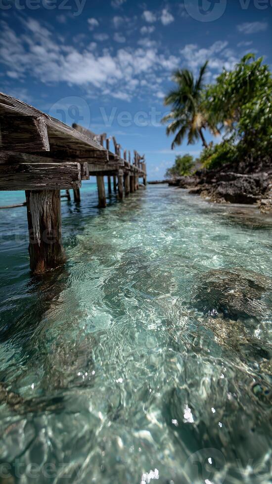 Clear ocean waters under a bright sky beside a wooden dock during summer vacation photo