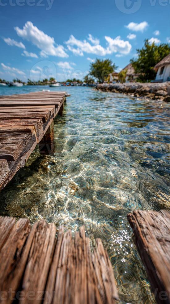 Serene dock extends over clear ocean water on a vibrant summer day photo