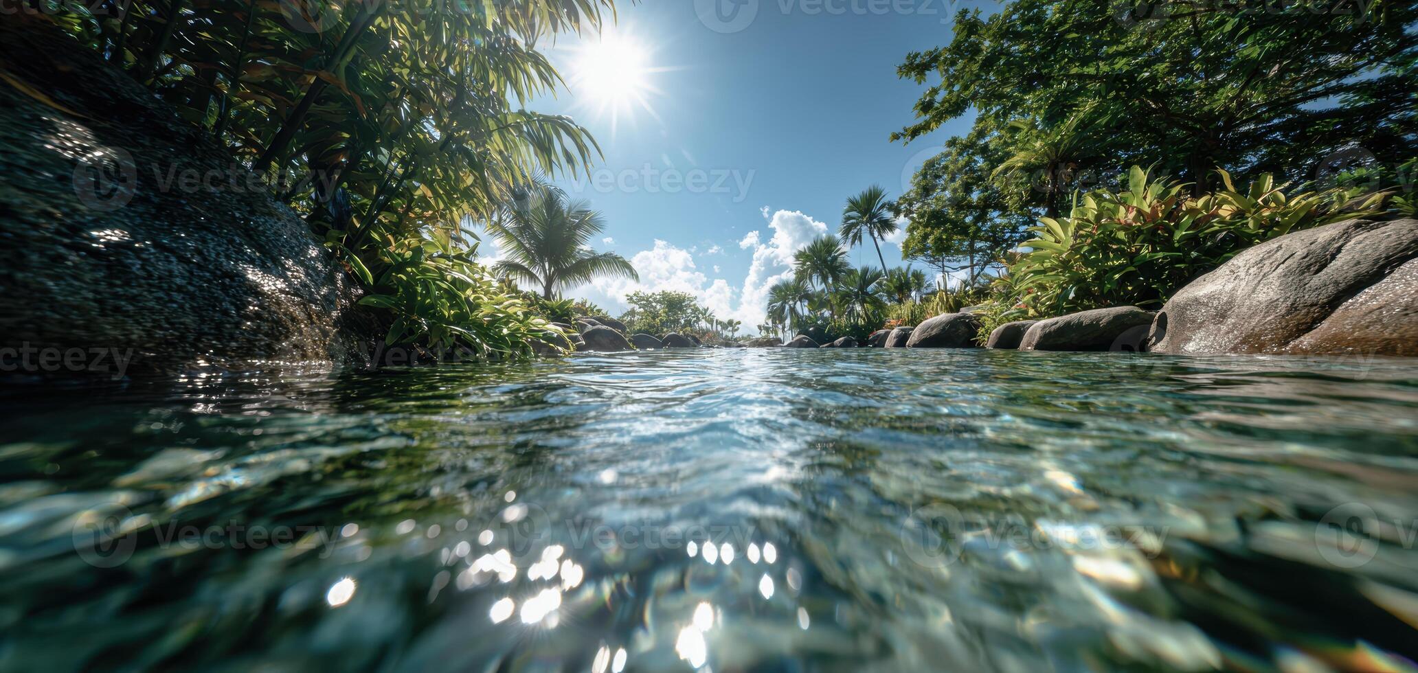 Sunlight sparkling on tranquil water during summer vacation photo