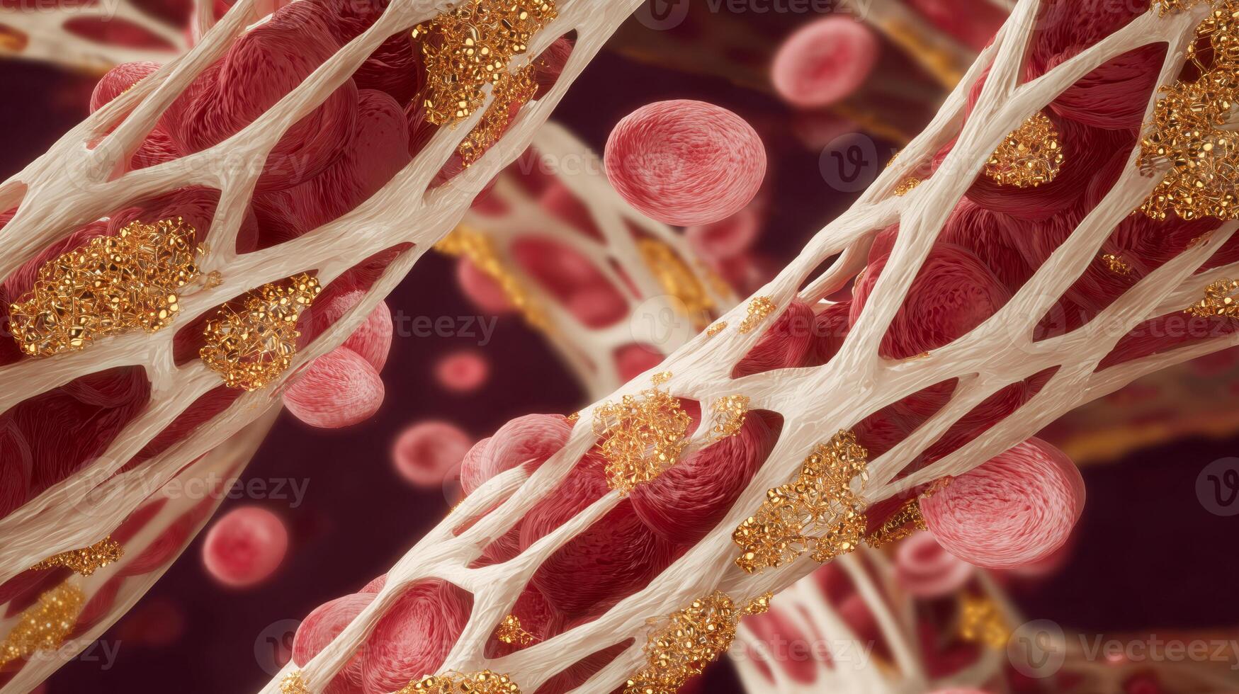 Close examination reveals blood cells intertwined with golden metal particles, highlighting the potential for rejuvenation and youth in biological systems. photo