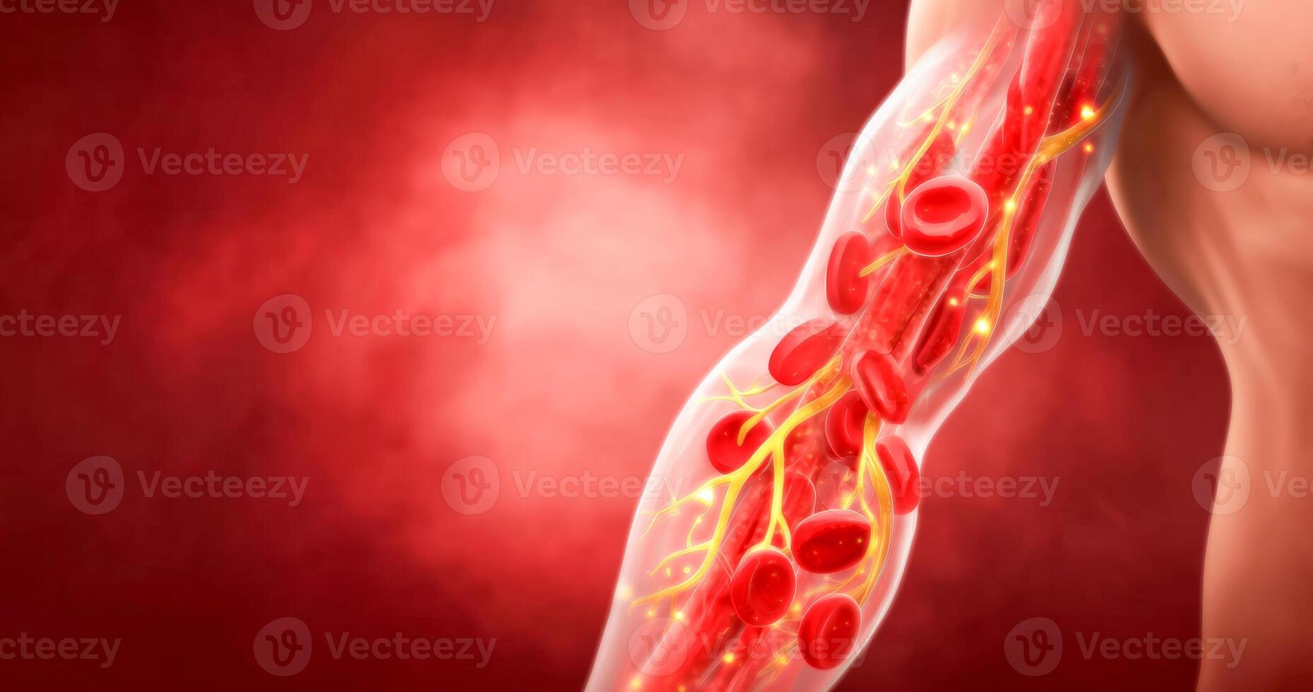 A close-up view of a human arm showcasing vibrant blood cells flowing through transparent vessels. The setting suggests themes of youth and rejuvenation, highlighted by glimmers of gold. photo