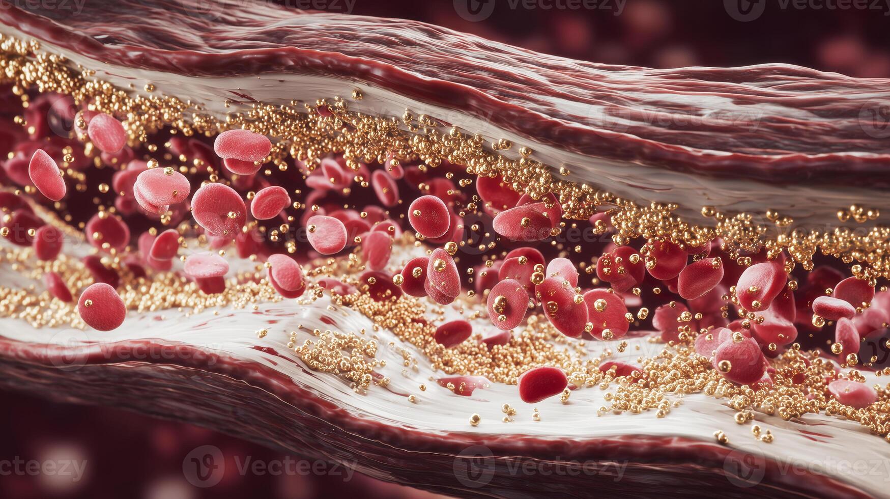Visual representation shows blood cells flowing through a vessel, intermixed with gold particles. This scene illustrates the concept of rejuvenation and youth through a unique blend of elements. photo