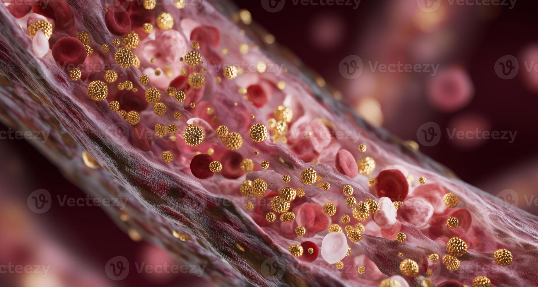 A close-up view reveals the dynamic interaction between vibrant blood cells and shimmering gold particles, symbolizing rejuvenation and the quest for youthful vitality within the bloodstream. photo