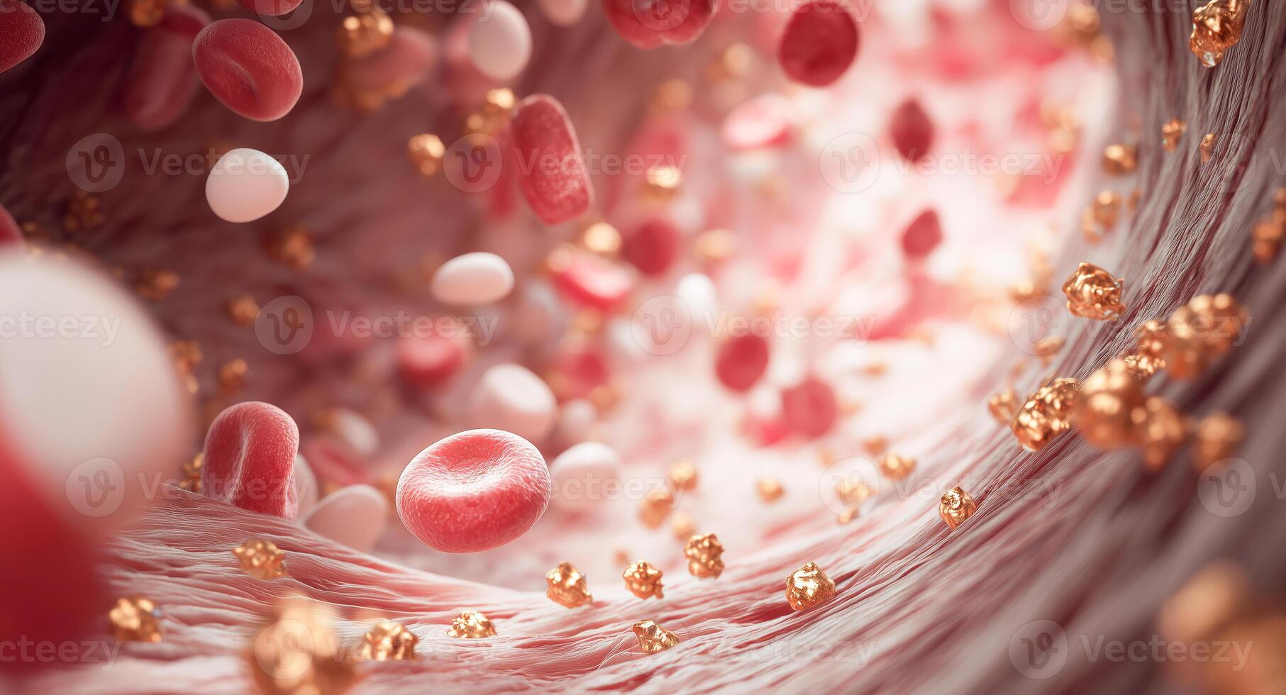 Within a vibrant environment, red and white blood cells flow freely among shimmering particles resembling gold. This captivating abstract moment symbolizes youth and rejuvenation at a cellular level. photo