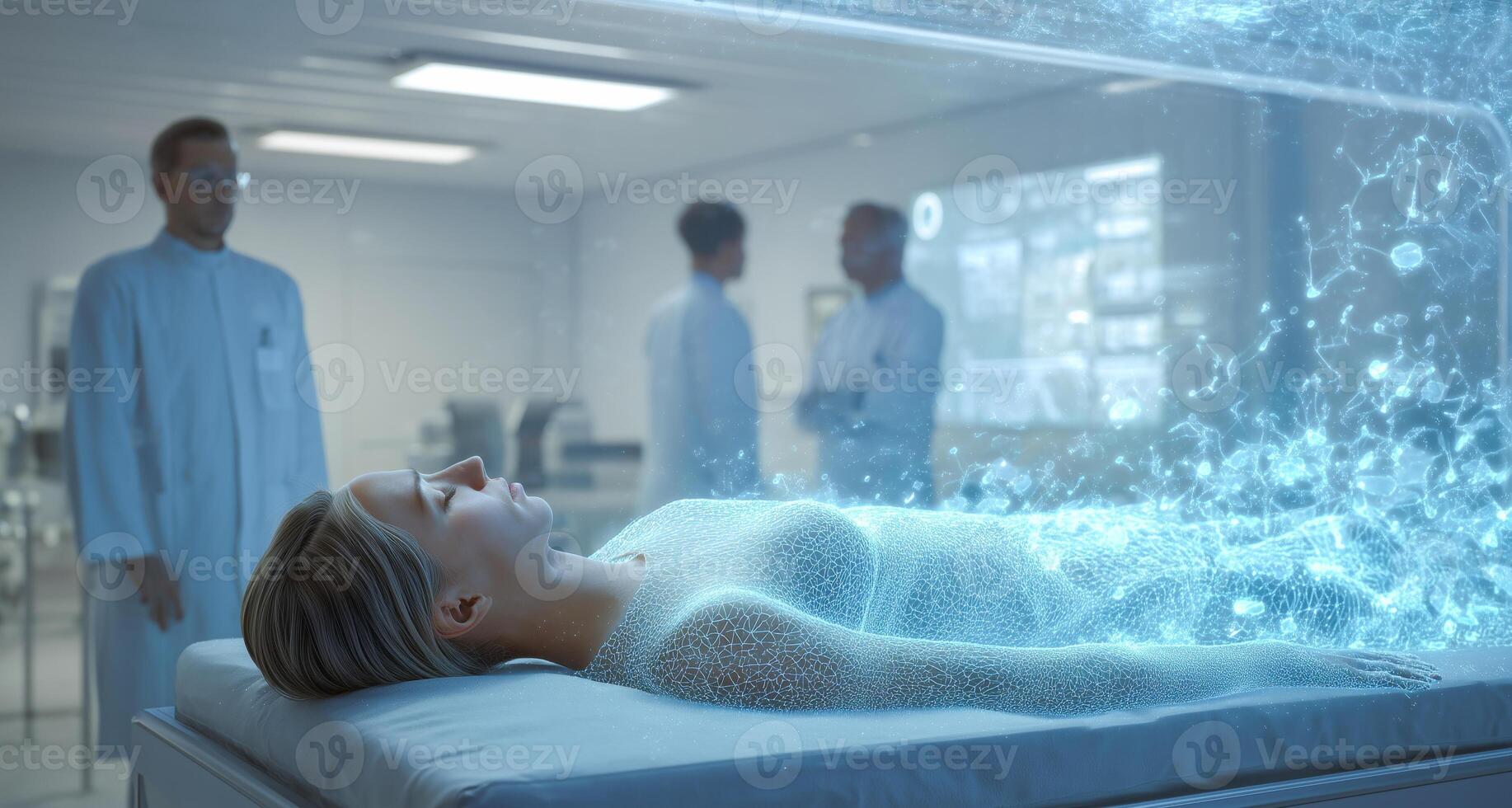 In a high-tech laboratory, a young person lies on a table surrounded by glowing particles. photo