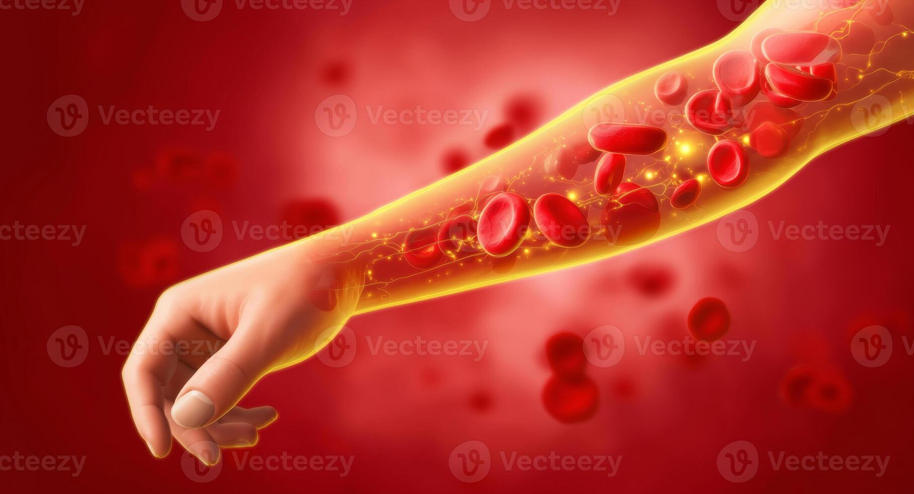 A vivid representation illustrates revitalizing blood cells coursing through an arm, symbolizing youth and rejuvenation. photo