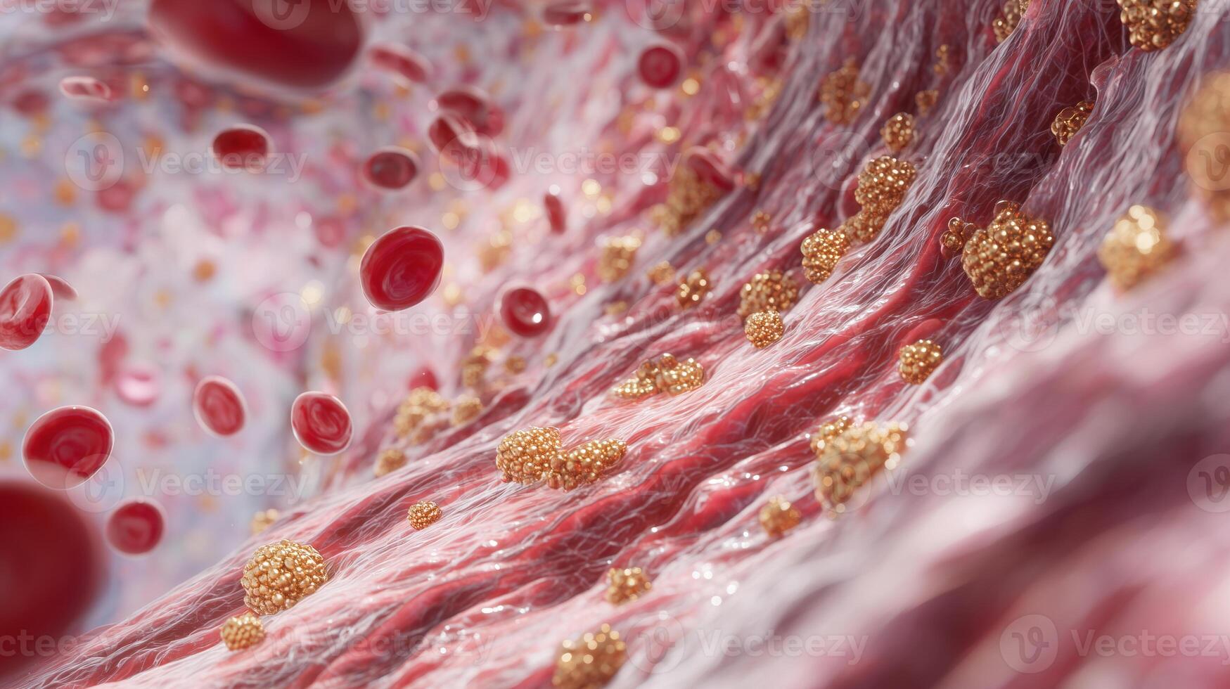 This visual showcases red blood cells interacting with golden metallic particles in a vibrant biological setting. The scene symbolizes rejuvenation and youthfulness, emphasizing innovation in health. photo