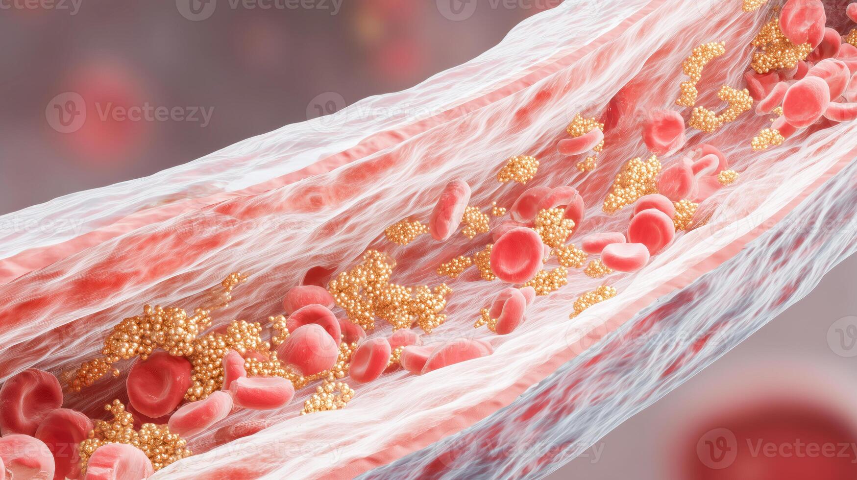 A close view of red blood cells flowing through a vessel infused with gold particles, showcasing their potential role in rejuvenation therapies. photo