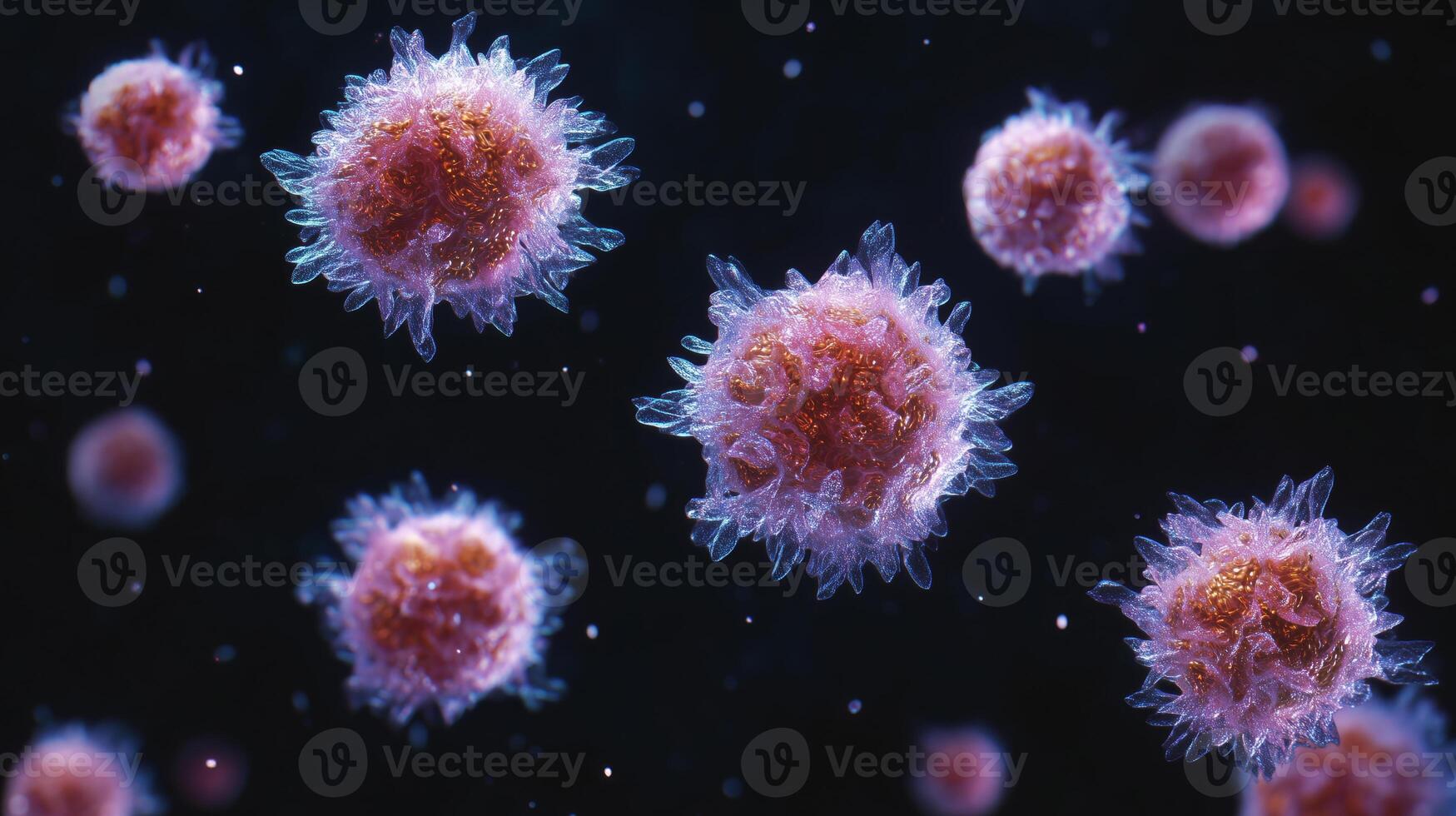 Brightly colored blood cells float against a dark background, emphasizing their unique structures. The scene captures the essence of rejuvenation and vitality, resembling precious metals' shimmer. photo
