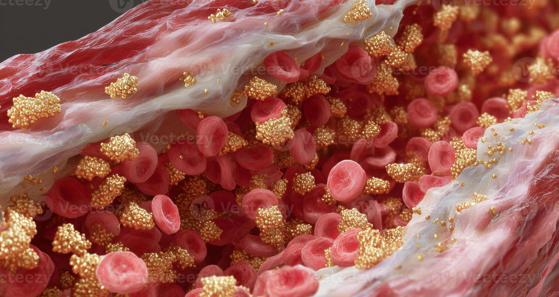 Close examination reveals a vibrant landscape of blood cells intertwined with shimmering gold particles, illustrating the concept of rejuvenation. This striking visual emphasizes youth and vitality. photo