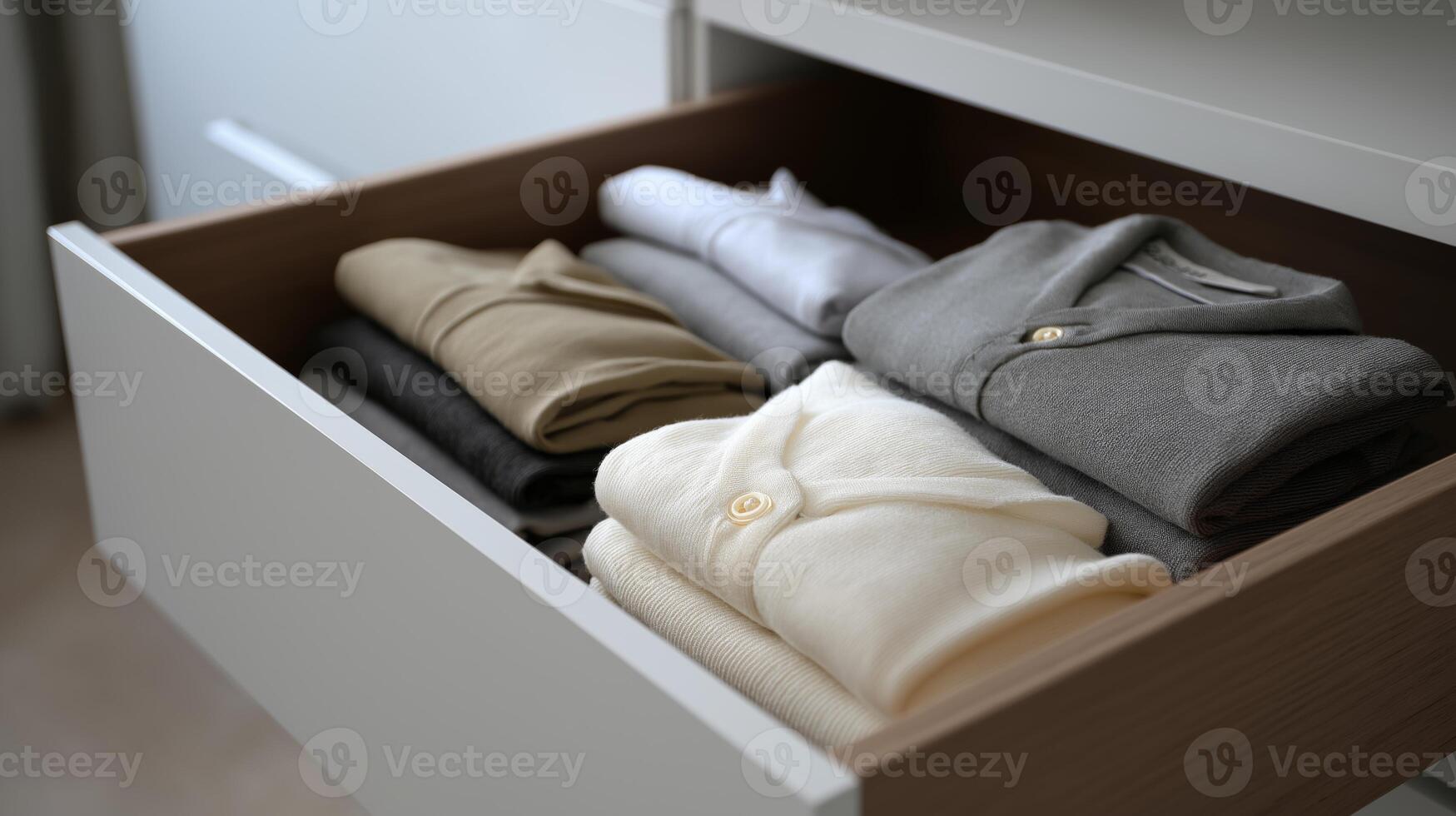 Neutral sweaters are neatly arranged in a wooden drawer, showcasing organized living. photo