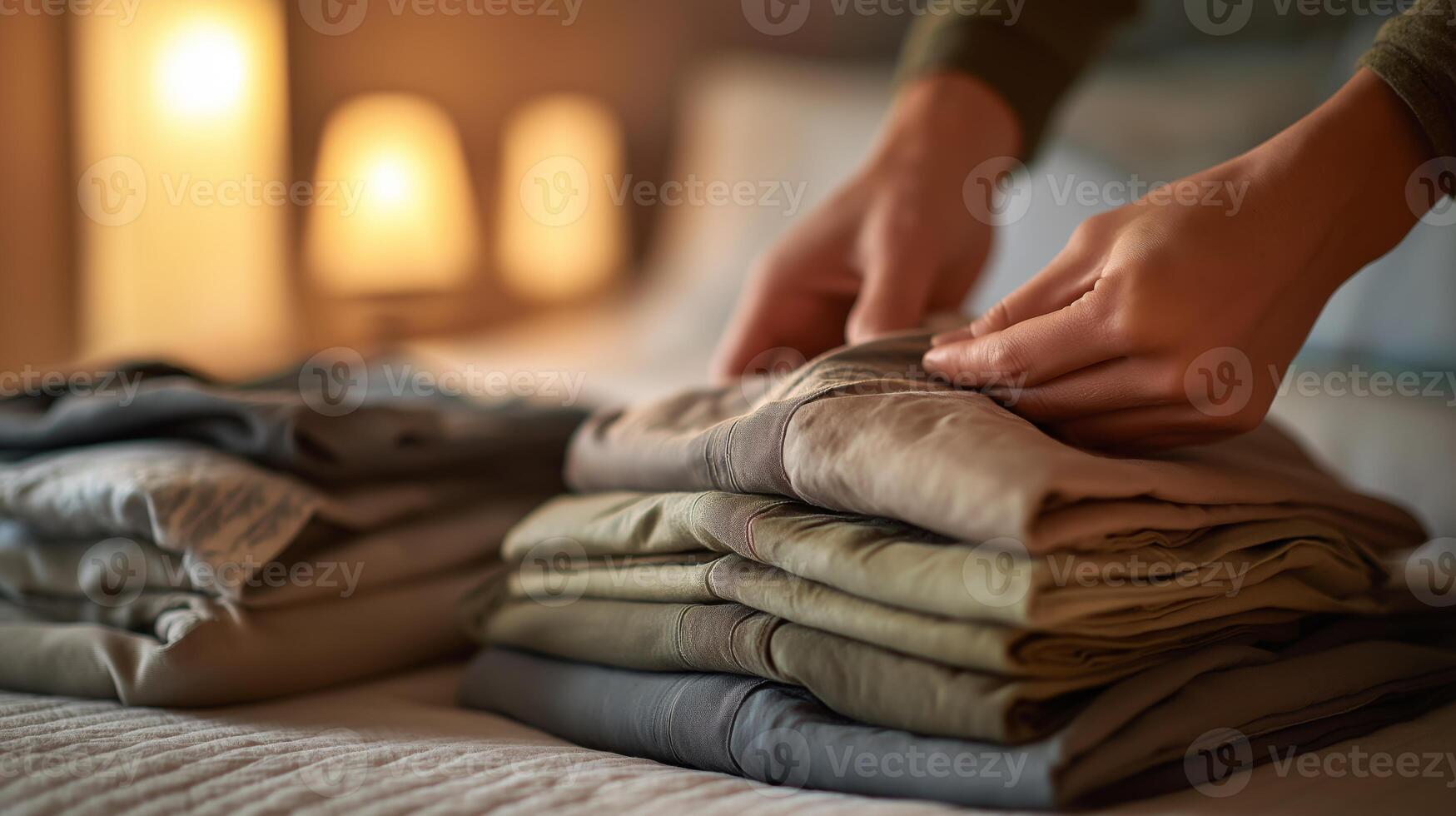 A person organizes clothes on a bed under soft, warm light in a cozy space. photo