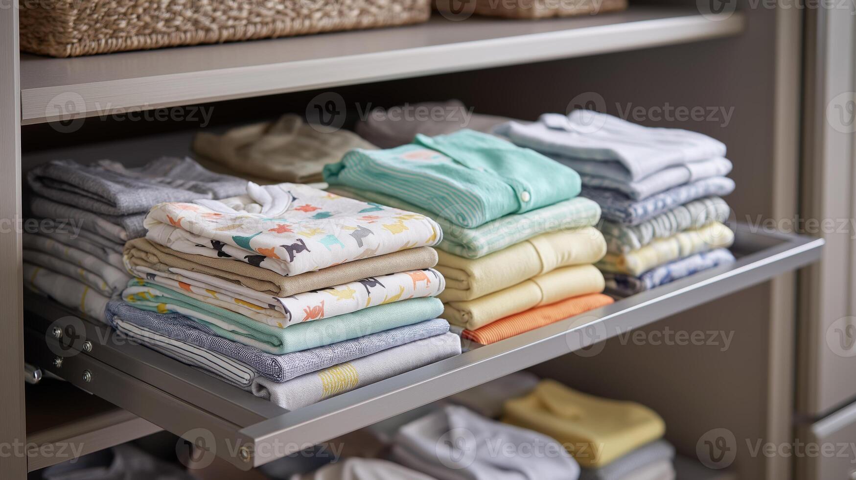 Brightly colored clothing is neatly folded and organized on shelves in this tidy storage area. photo