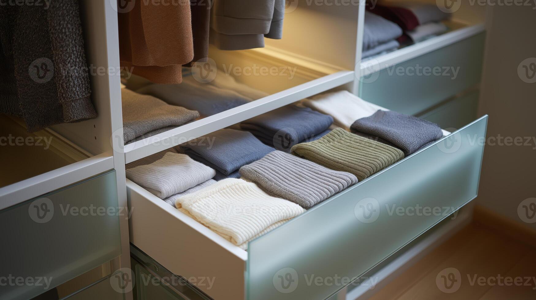 Drawers display a variety of folded sweaters in an organized closet, showcasing modern style. photo