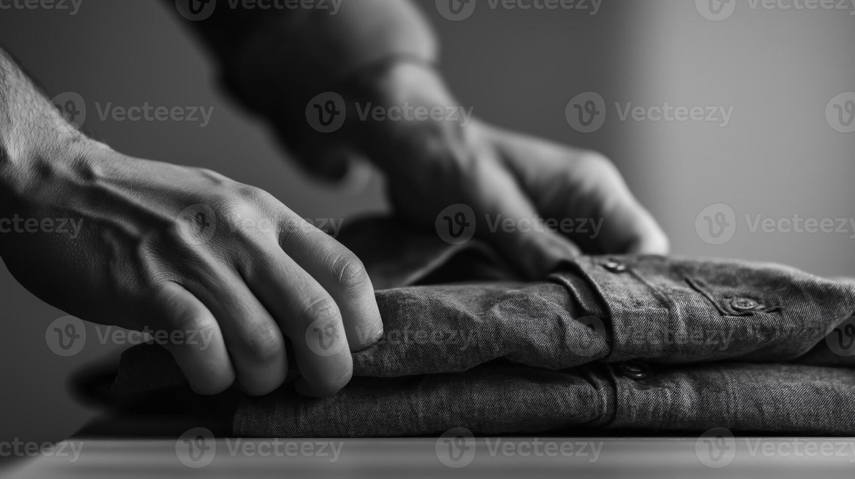 A person carefully folds a shirt on a light wooden surface, prioritizing neatness. photo