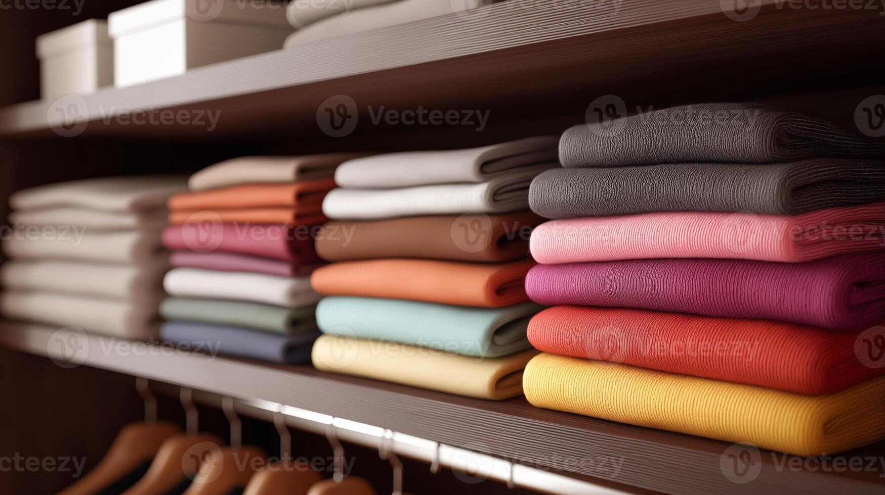 Colorful sweaters are folded and arranged neatly on shelves in a well-organized closet. photo