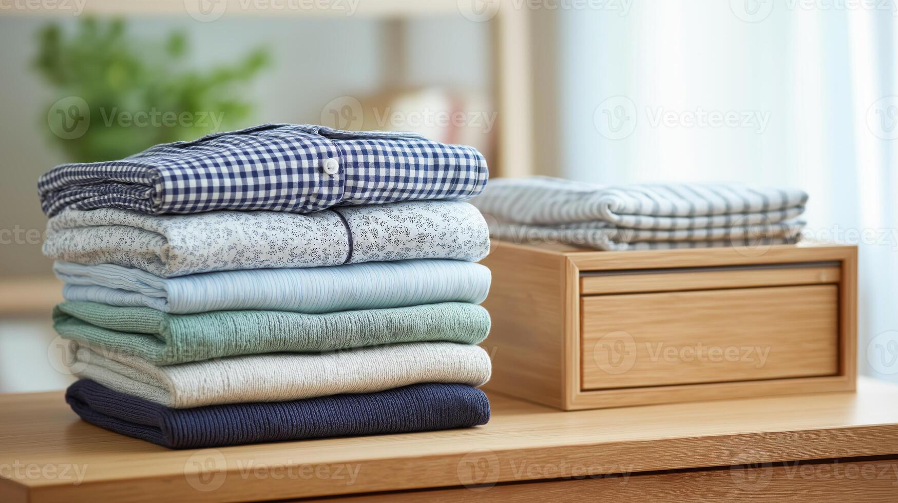 Colorful shirts are stacked neatly on a wooden table beside a small drawer and plants. photo