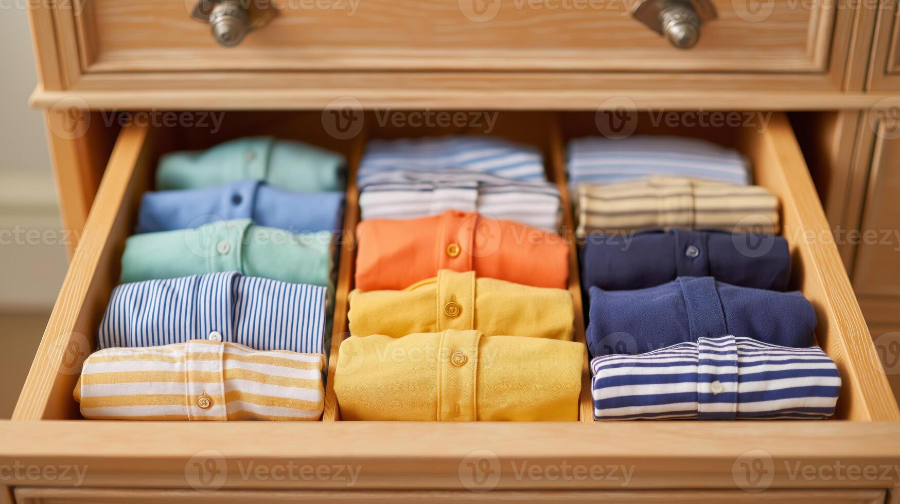 A drawer displays neatly organized, colorful folded shirts in various shades and patterns. photo