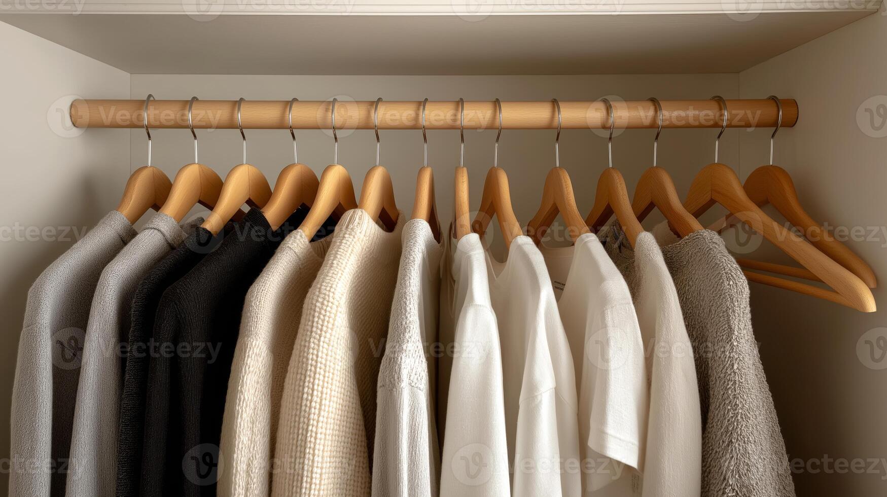 Clothes in neutral tones hang perfectly organized on wooden hangers inside a well-lit closet. photo