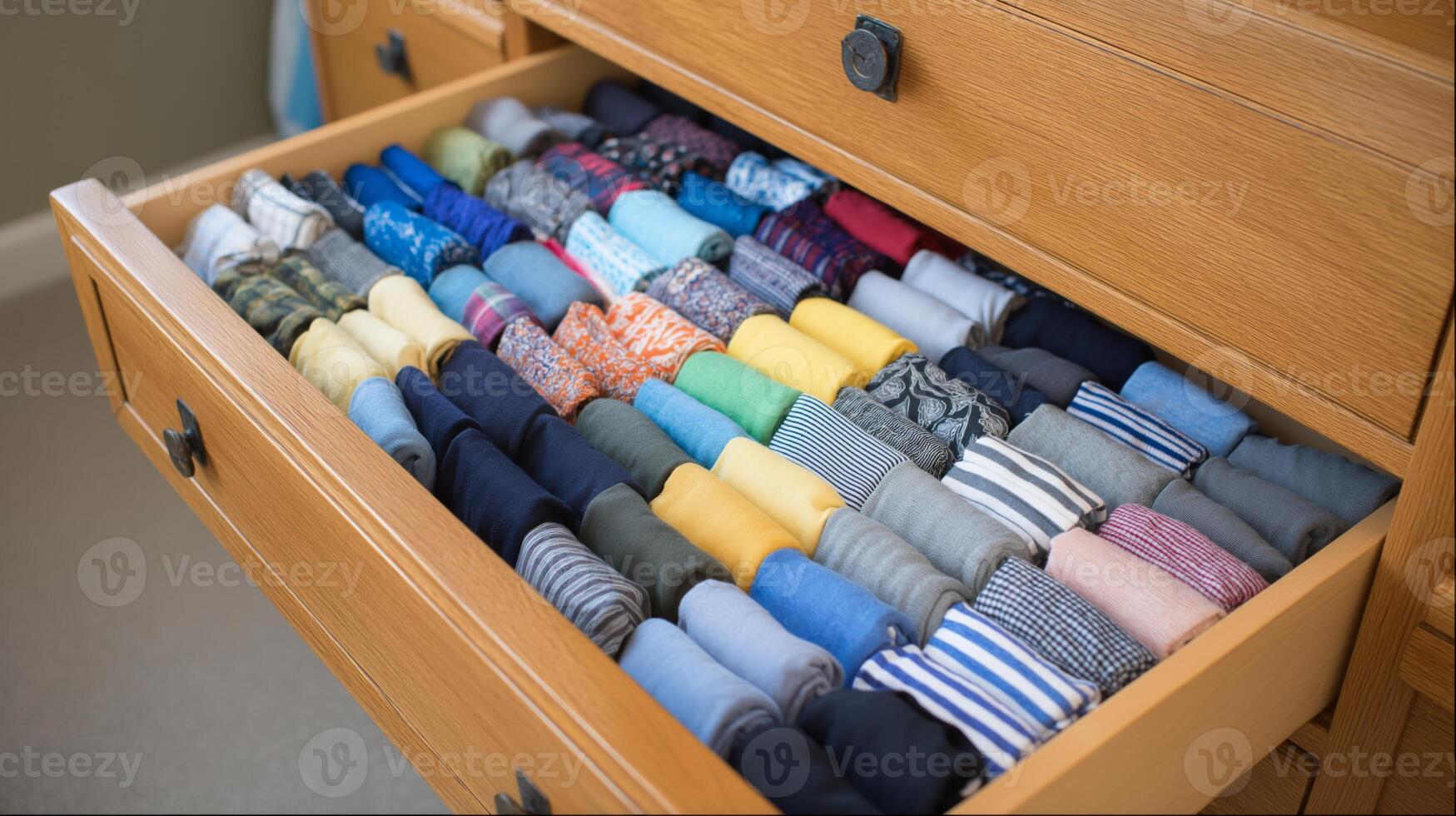 Drawer showcases a variety of neatly folded shirts, showcasing diverse colors and patterns. photo