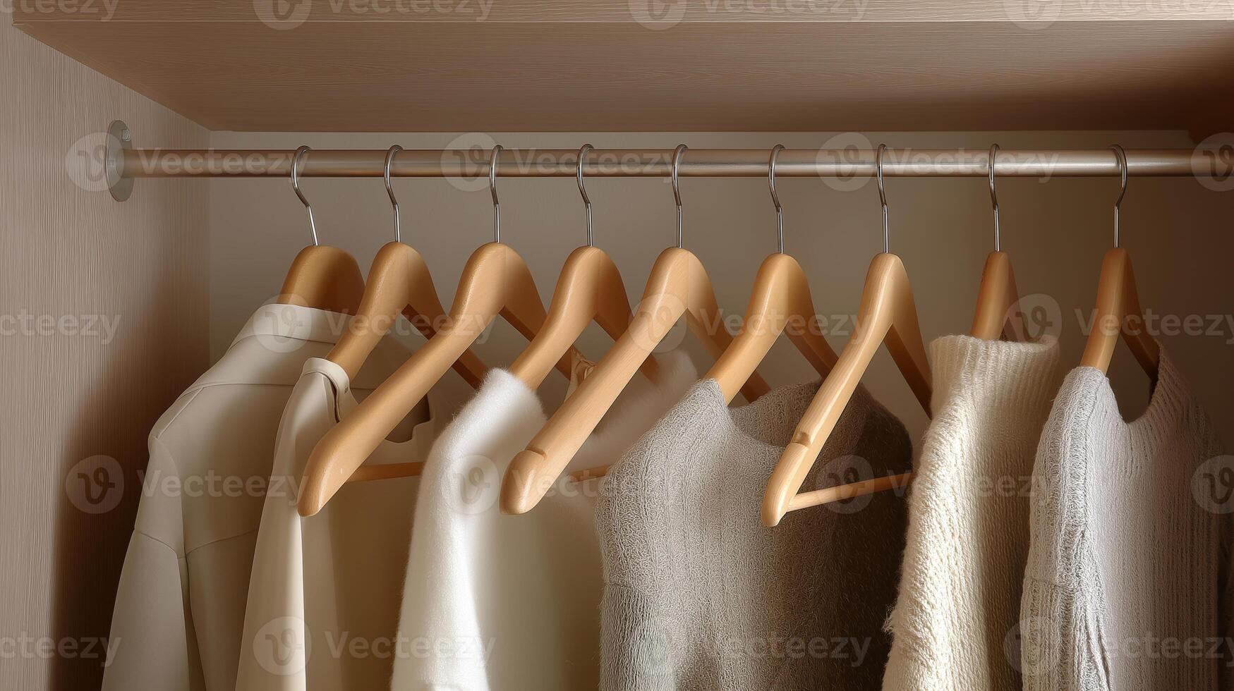 Neatly arranged clothes on wooden hangers in a stylish, simple closet. photo