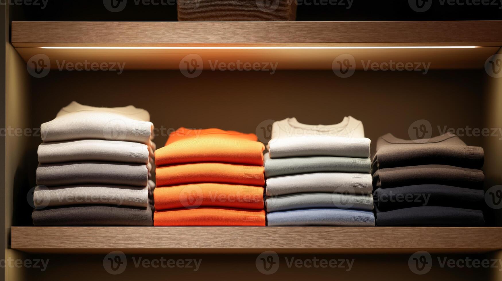 Various colored clothing items are neatly organized on a shelf in a stylish store display. photo