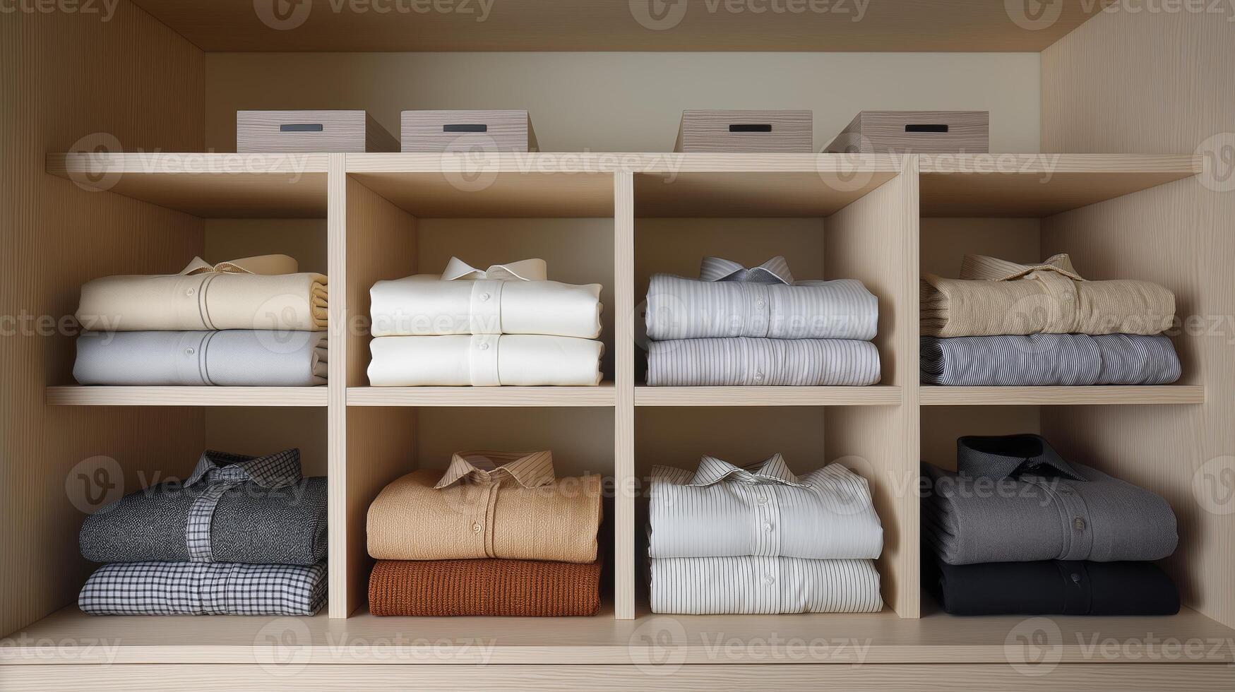 Closet features organized shelves with neatly folded shirts and matching storage boxes on top. photo