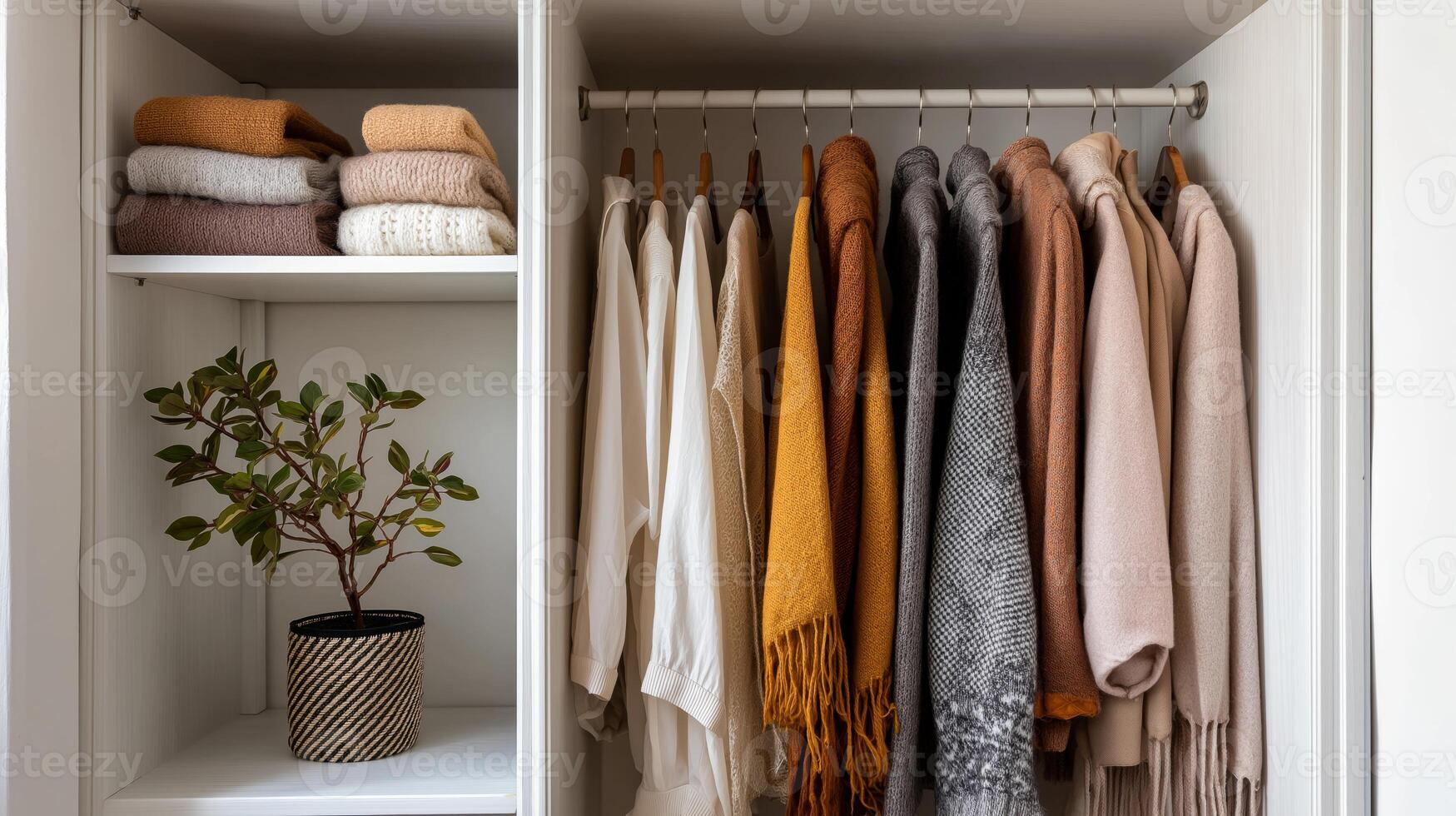 Soft sweaters in warm hues neatly hang in a wardrobe alongside folded knits and a plant. photo