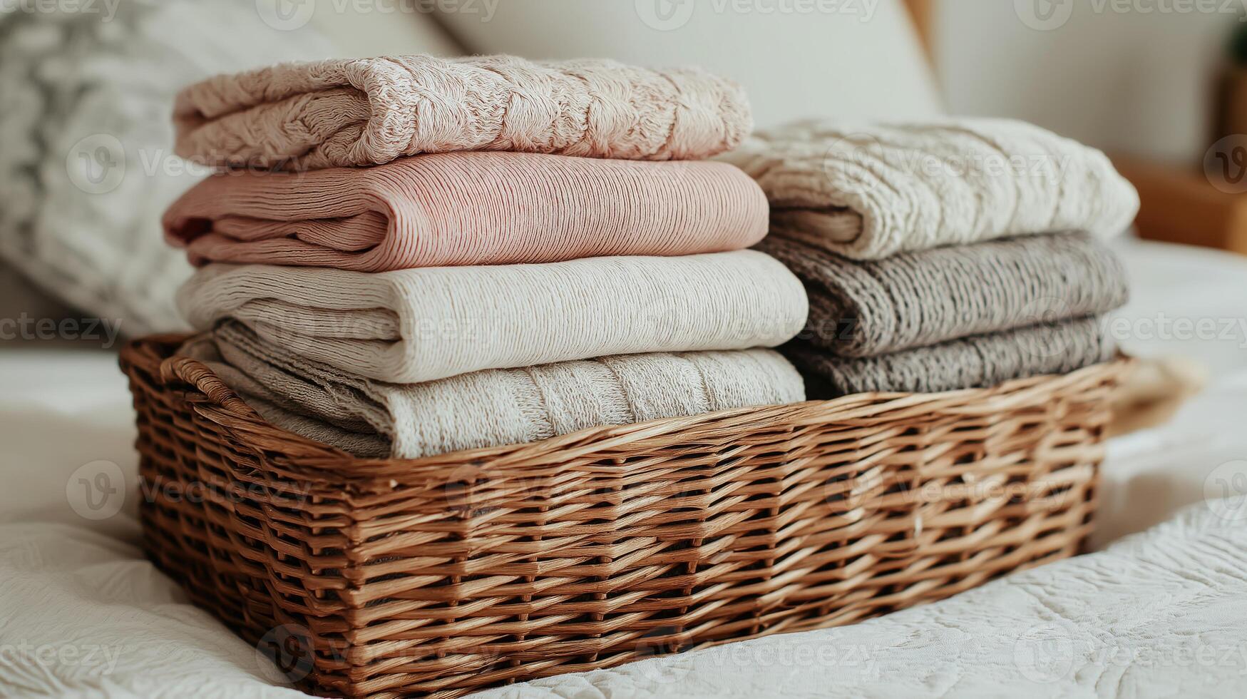A wicker basket holds folded sweaters in various soft colors placed on a neatly arranged bed. photo