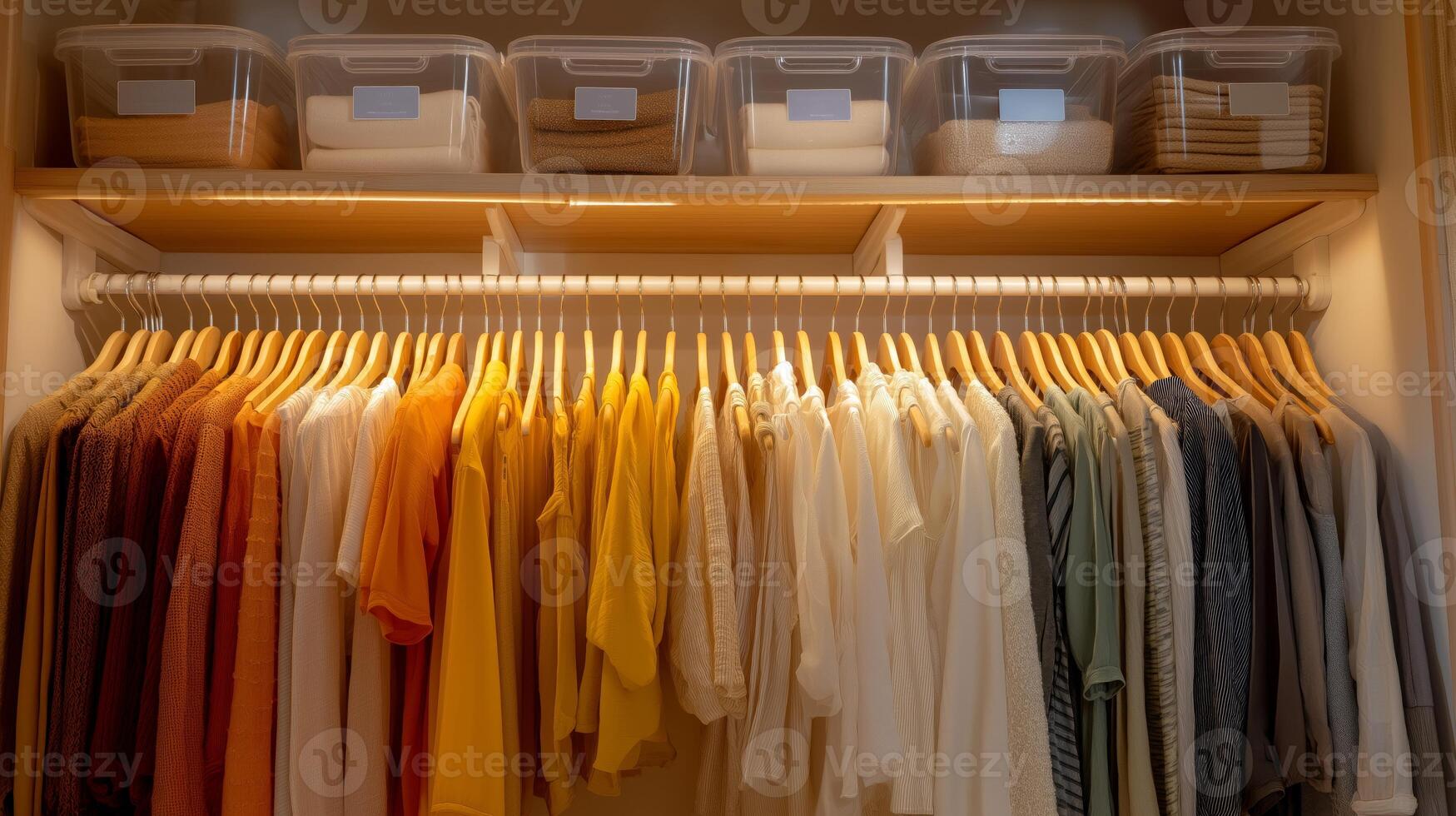 A well-organized closet with shirts hanging in warm tones and storage bins holding linens. photo