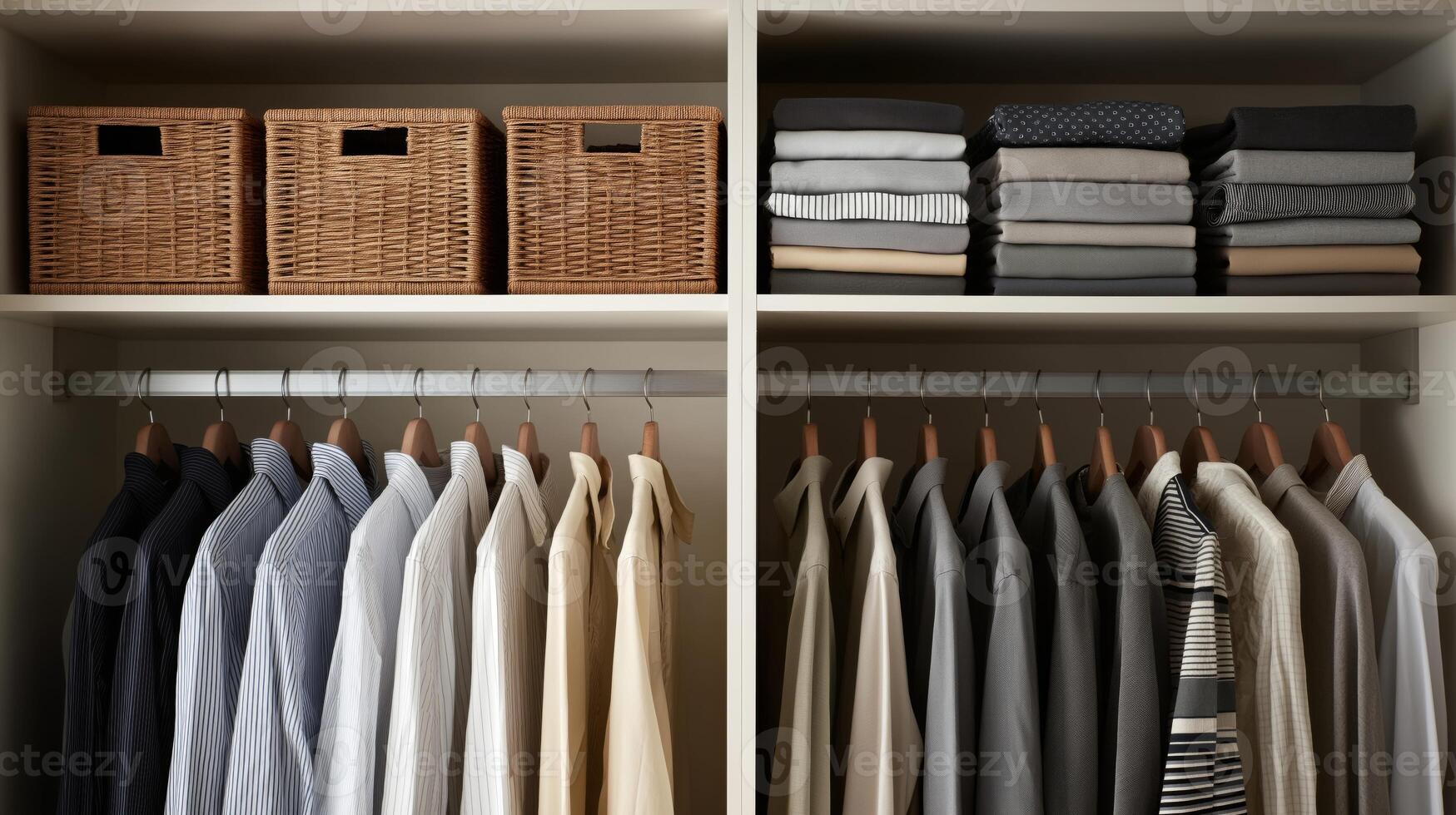 The closet features organized clothes, folded items, and woven baskets for neatness. photo
