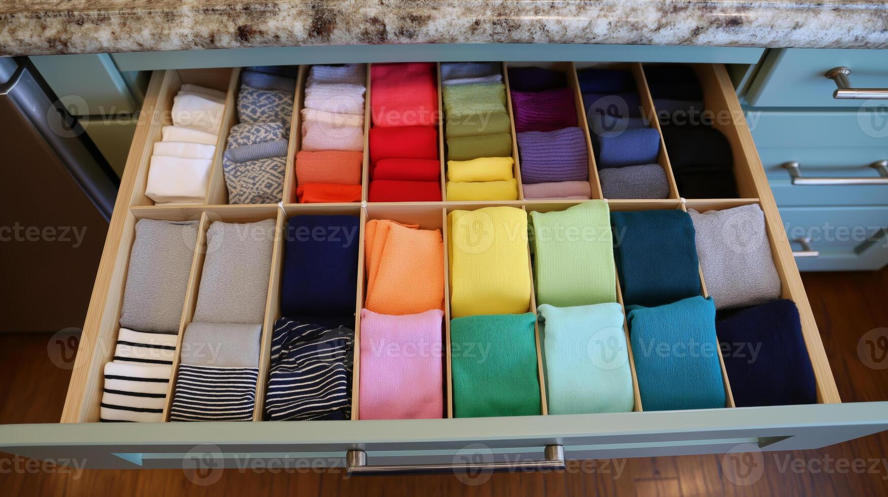 A kitchen drawer shows an organized collection of folded socks in different colors and patterns. photo