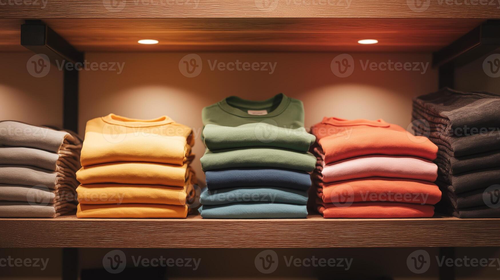 Colorful folded sweaters are neatly stacked on shelves at a clothing store. photo