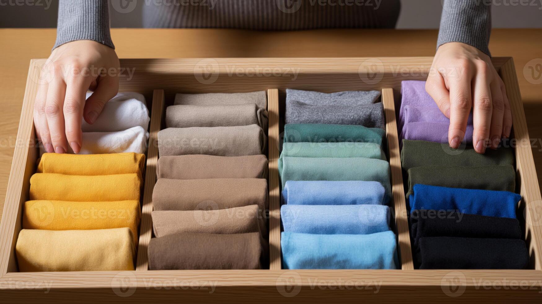 Two hands arrange various shades of fabric rolls in an orderly wooden tray on a table. photo
