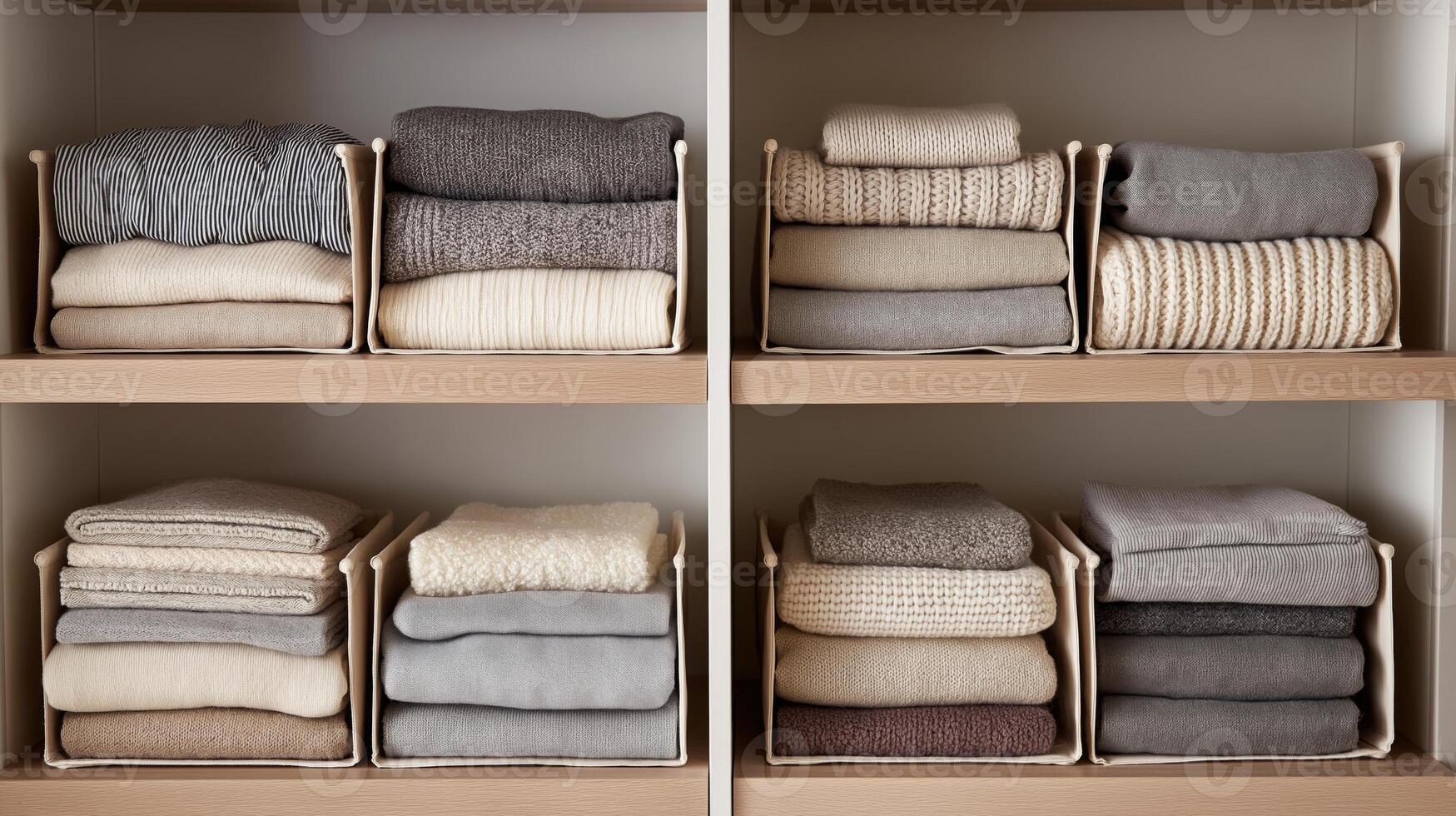 Soft towels and blankets are neatly folded on wooden shelves for an organized appearance. photo